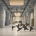 Book Art Exhibition Hall with Gray Walls Paintings Metal Trusses And Sculptures White Floor Tiles