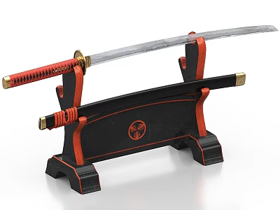 Traditional Japanese Katana Sword Displayed on Red and Black Stand With Emblem 3d model