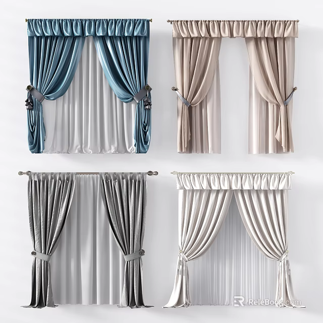 Stylish Curtains in Blue Beige Gray with Tied Pleated Designs for Home Decor 3d model 