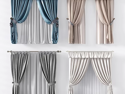 Stylish Curtains in Blue Beige Gray with Tied Pleated Designs for Home Decor 3d model