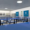 Cafeteria Interior With Blue Long Tables Benches Wall Banners And Ceiling Lights 3d model