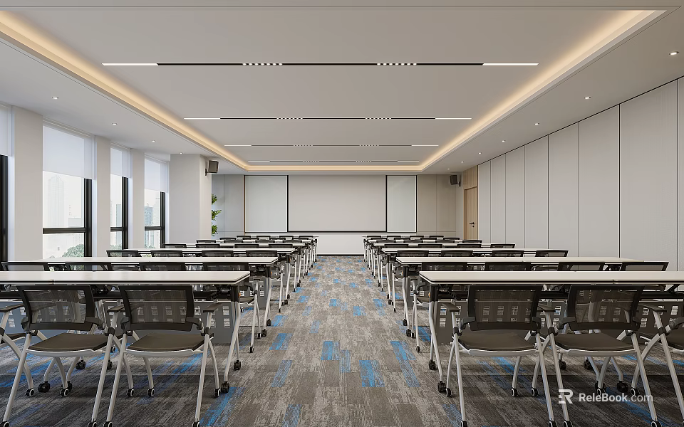 Modern Well Lit Conference Room Interior With Long Tables Chairs Whiteboard Windows And Gray Carpet 3d model 