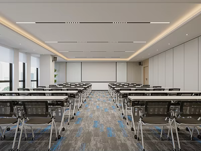 Modern Well Lit Conference Room Interior With Long Tables Chairs Whiteboard Windows And Gray Carpet 3d model