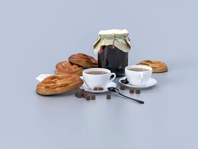 Freshly Baked Croissants With Two Cups Of Coffee Jam Jar And Sugar Cubes 3d model