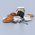 Freshly Baked Croissants With Two Cups Of Coffee Jam Jar And Sugar Cubes