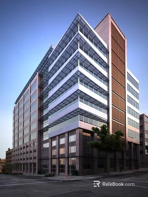 Modern High Rise Building With Glass Curtain Walls Metal Frames And Surrounding Trees 3d model 