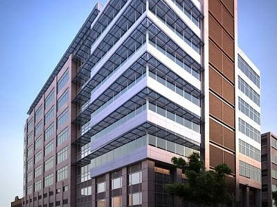 Modern High Rise Building With Glass Curtain Walls Metal Frames And Surrounding Trees 3d model