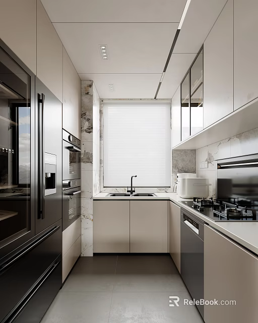 Modern Open Kitchen Interior Design With Island Counter Cabinets And Stainless Steel Appliances 3d model 
