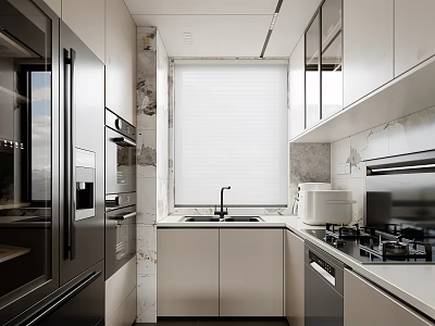 Modern Open Kitchen Interior Design With Island Counter Cabinets And Stainless Steel Appliances 3d model