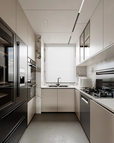 Modern Open Kitchen Interior Design With Island Counter Cabinets And Stainless Steel Appliances 3d model