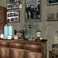 Vintage Wooden Entryway Cabinet With Old Photos Sewing Machine And Vintage Fan