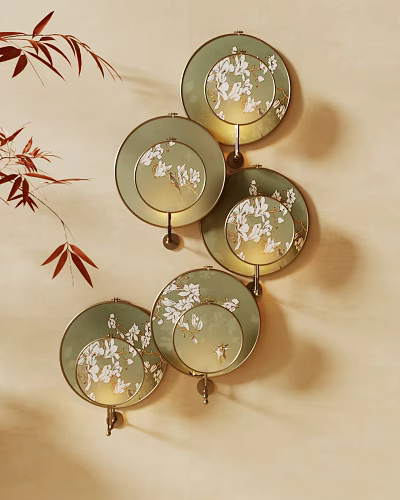 Elegant Oriental Wall Lamps With Circular Design Floral Patterns And Bamboo Leaves 3d model
