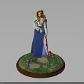 Blonde Female Wearing White Top And Blue Skirt On Grass Base With Pink Flowers Stone Path