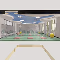 Vibrant Fitness Studio With Green Floor Pink Yoga Mats Blue Striped Ceiling And Exercise Balls