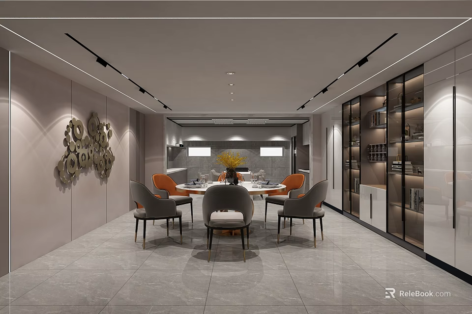 Modern Restaurant Interior With Dining Table Chairs Decorative Wall And Display Cabinets 3d model 