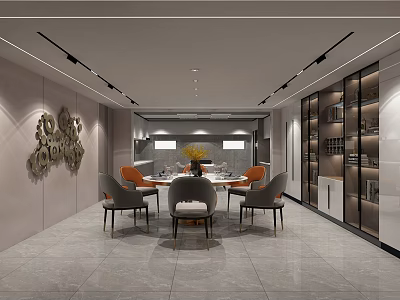 Modern Restaurant Interior With Dining Table Chairs Decorative Wall And Display Cabinets 3d model