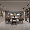 Modern Restaurant Interior With Dining Table Chairs Decorative Wall And Display Cabinets