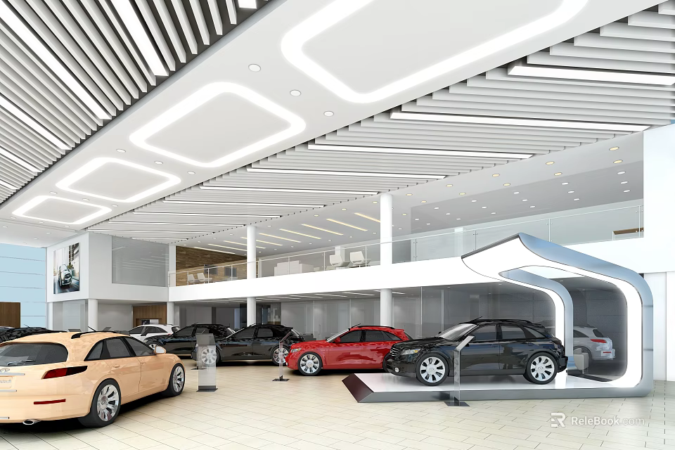 Modern 4S Store Showroom with Multiple Cars Display Area Bright Lighting and White Ceiling 3d model 
