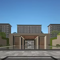 Modern Residential Entrance Gate With Symmetrical Design Marble Elements Water Feature And High Rise Buildings
