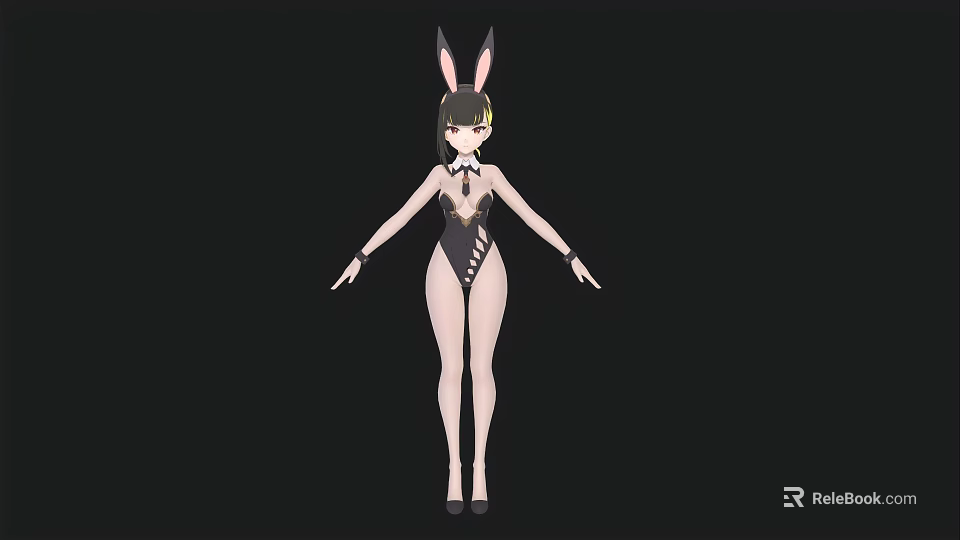 Woman With Rabbit Ears In Black Bodysuit And High Heels Stylish Look 3d model 