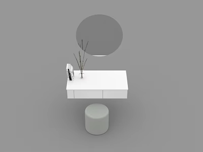 Modern White Dressing Table with Round Mirror and Stool Decorated with Vase and Dry Branches 3d model