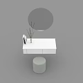 Modern White Dressing Table with Round Mirror and Stool Decorated with Vase and Dry Branches