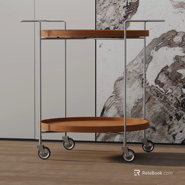 Modern Two Tier Rolling Side Table With Metal Frame And Wooden Top 3d model 