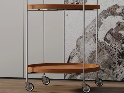 Modern Two Tier Rolling Side Table With Metal Frame And Wooden Top 3d model