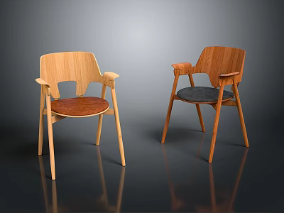 Two Modern Wooden Armchairs With Different Seat Colors And Natural Wood Frames 3d model