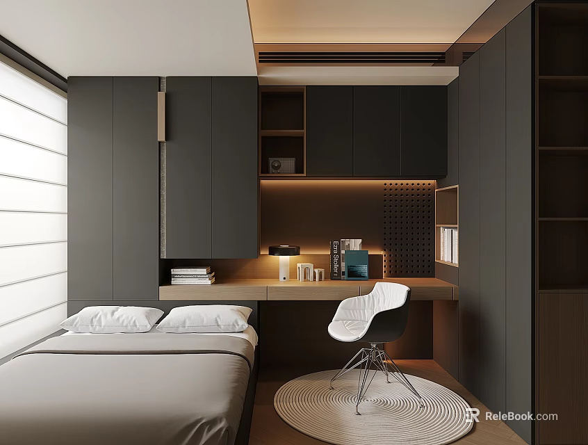 Modern Tatami Bedroom Interior With Desk Table Lamp Books White Chair And Wooden Floor 3d model 
