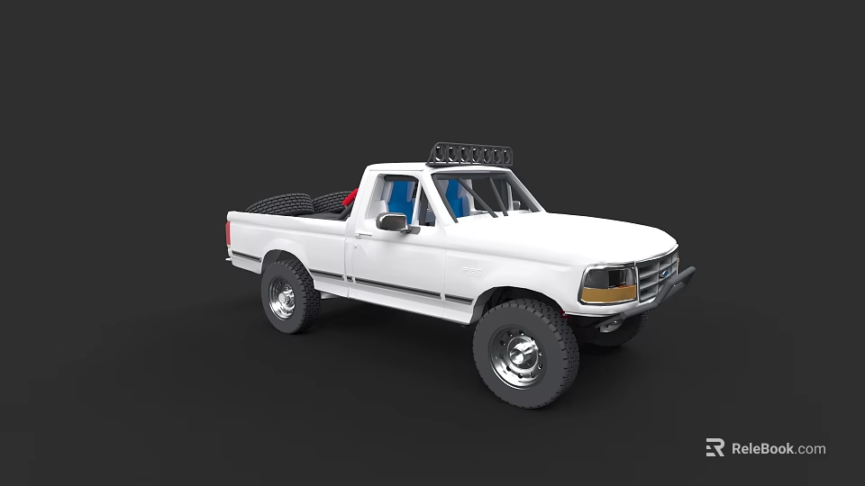White Pickup Truck with Roof Rack Red Seats and Off Road Tires 3d model 
