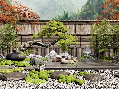 Serene Courtyard Garden Design With Wooden Fence Pine Tree Black Pot Stones Moss And Gravel 3d model