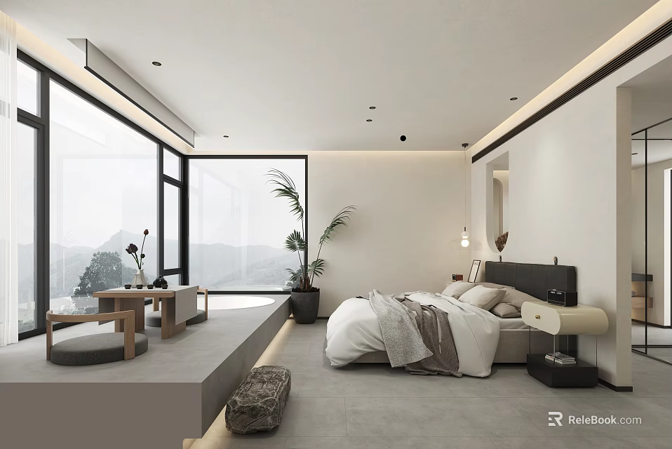 Minimalist Modern Hotel Guest Room With Large Windows Mountain View White Interior And Cozy Bed 3d model 