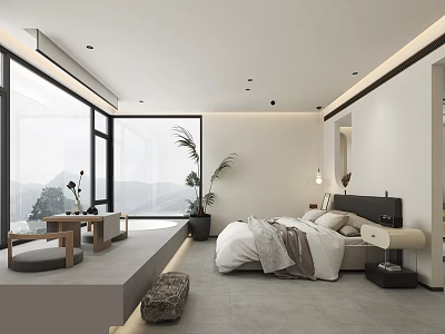 Minimalist Modern Hotel Guest Room With Large Windows Mountain View White Interior And Cozy Bed 3d model