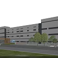 Modern Industrial Factory Building Exterior With Multi Story Structure Windows Trees And Vehicles