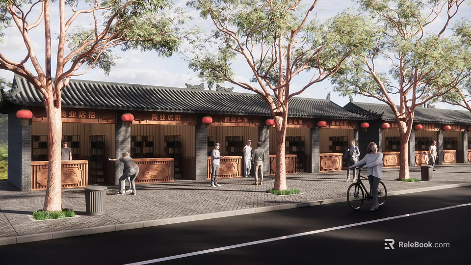 Traditional Chinese Street Scene With Ancient Architecture Red Lanterns Trees And Pedestrians 3d model 