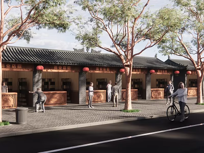 Traditional Chinese Street Scene With Ancient Architecture Red Lanterns Trees And Pedestrians 3d model