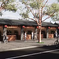 Traditional Chinese Street Scene With Ancient Architecture Red Lanterns Trees And Pedestrians
