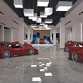 Modern Showroom Interior With Red LOGO Wall Reception Wooden Walls Marble Floor And Car Models