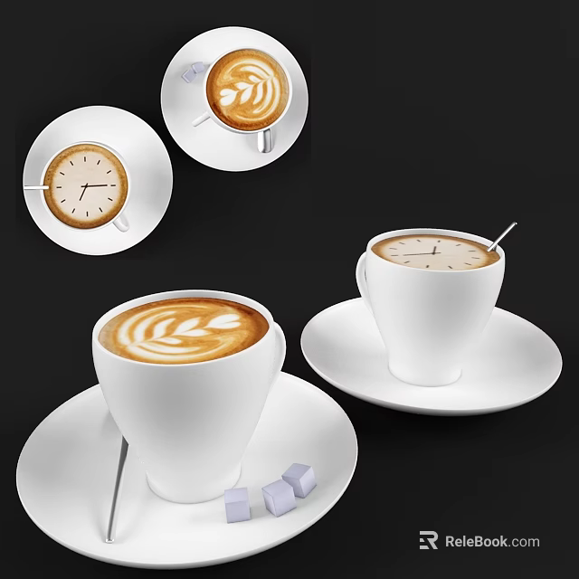 White Ceramic Coffee Cup With Latte Art And Sugar Cubes On Saucer 3d model 