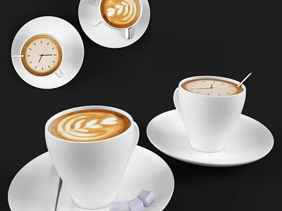 White Ceramic Coffee Cup With Latte Art And Sugar Cubes On Saucer 3d model