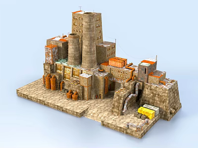 Futuristic Architectural Design Featuring Stone Tower Multiple Buildings And Yellow Vehicle 3d model