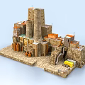 Futuristic Architectural Design Featuring Stone Tower Multiple Buildings And Yellow Vehicle