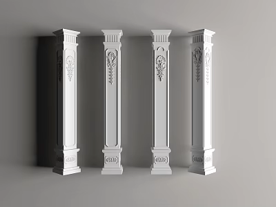 Four Classical White Columns With Intricate Carved Decorations As Architectural Elements 3d model