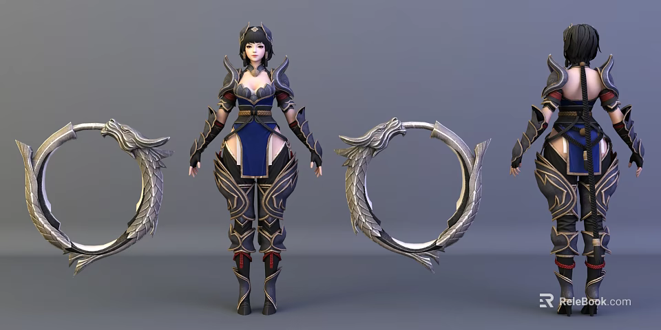 3D Game Film Female Character With Blue Costume Gold Decorations And Dragon Shaped Ring Weapon 3d model 