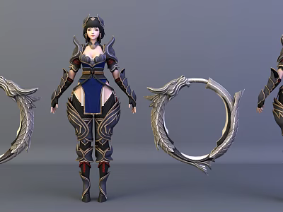 3D Game Film Female Character With Blue Costume Gold Decorations And Dragon Shaped Ring Weapon 3d model