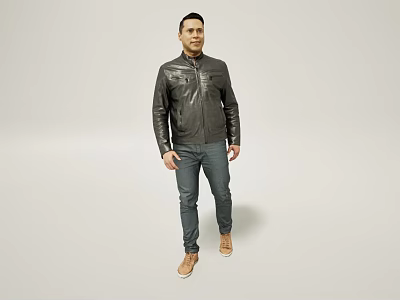 Man Wearing Black Leather Jacket And Jeans Standing Against Gray Background With Brown Shoes 3d model