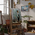 Art Studio Easel With Canvas Painting And Paint Supplies Near Potted Plants