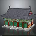 Traditional Building With Gray Roof Curved Eaves Green Doors Red Accents And White Base