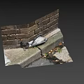 Game Character Pigeon Lying On Stone Steps With Brick Wall And Grass 3d model